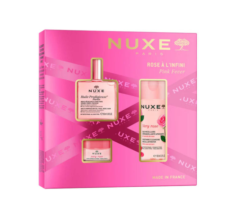 Nuxe Cofre Pink Fever set de regalo floral con aceite seco, agua micelar y bálsamo de labios