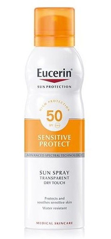 Eucerin Spray Solar Sensitive Protect SPF50, bote de protector solar en spray transparente