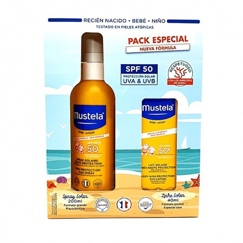 Mustela Pack Solar SPF50 - spray corporal 200ml y leche solar de cara 40ml para bebé