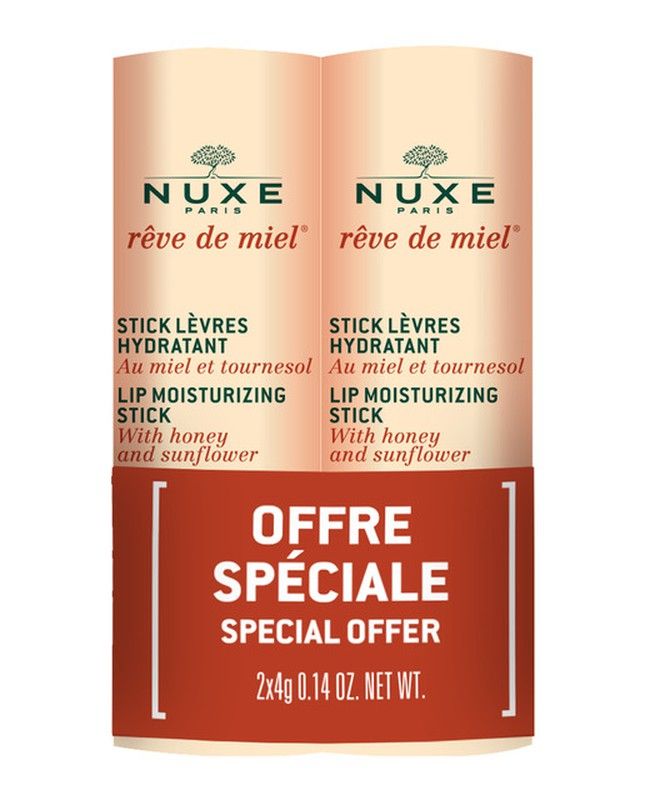 Nuxe Rêve de Miel Duplo Stick Bálsamo Labial 2 x 4g, pack de 2 sticks labiales con miel