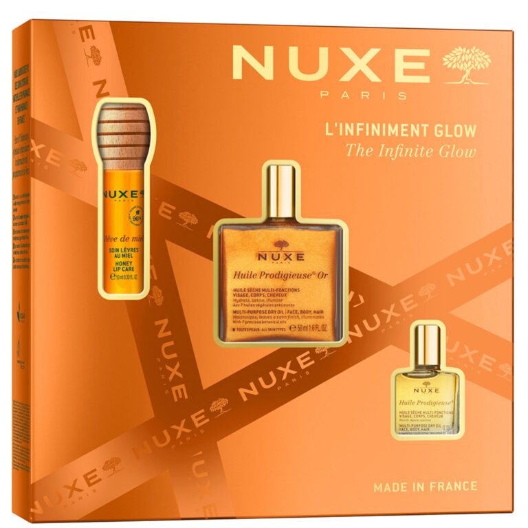 Nuxe Cofre L'Infiniment Glow aceite dorado roll-on y labial de miel