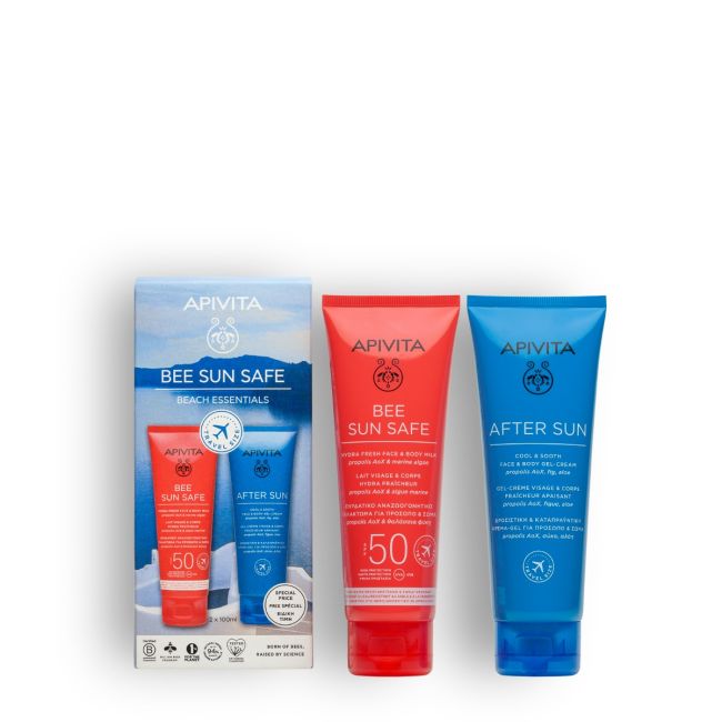 Apivita Bee Sun Safe Beach Essentials kit solar leche SPF50 y after sun